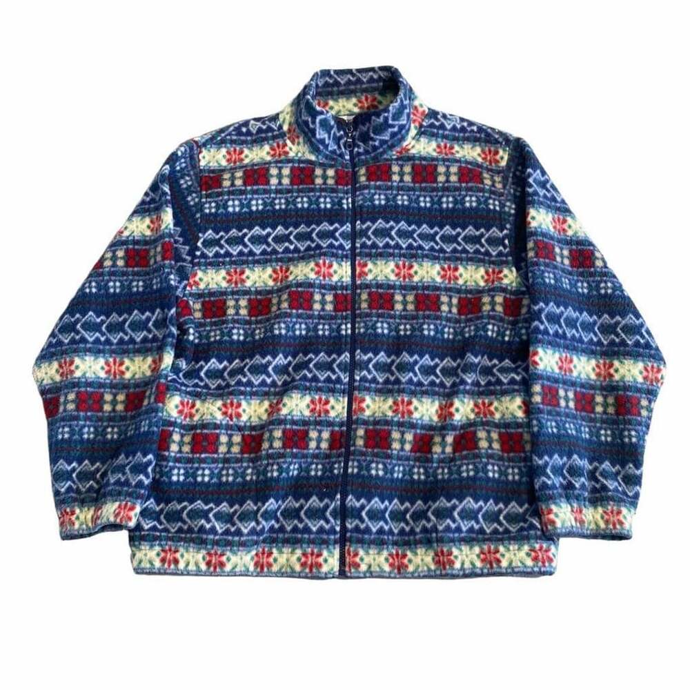 Alfred Dunner Fleece Zip Up Jacket Size M Blue Fair Isle Print Polyester